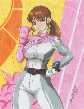 1girl absurdres bakuage_sentai_boonboomger bodysuit boonboom_changer breasts brown_hair bun_pink cowboy_shot highres large_breasts long_hair looking_at_viewer parted_lips pink_background pink_bodysuit pink_eyes ponytail ravernclouk_design shifuto_mira smile solo super_sentai teeth tokusatsu traditional_media white_bodysuit yellow_background