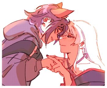 2girls animal_ears bare_shoulders blush cho_kaguya-hime! closed_eyes commentary fox_ears hashtag-only_commentary holding_hands hood hoodie interlocked_fingers japanese_clothes kimono kuva5z looking_at_another multiple_girls parted_lips purple_hair purple_hoodie purple_kimono runami_yachiyo sakayori_iroha short_hair simple_background smile white_background white_hair yuri