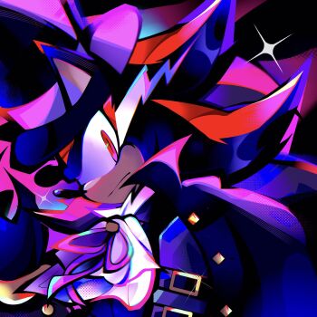 1boy animal_nose ascot black_cape black_fur black_hat cape chromatic_aberration closed_mouth commentary frown furry furry_male glint hat hedgehog_boy highres kuroiyuki96 looking_at_viewer male_focus multicolored_fur red_eyes red_fur shadow_the_hedgehog shadow_the_hedgehog_(vampire) solo sonic_(series) symbol-only_commentary top_hat white_ascot white_fur