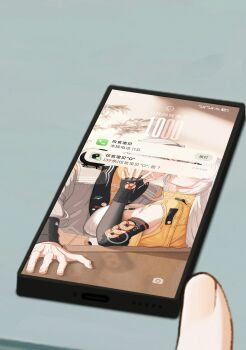 1boy 1girl a_zhen absurdres battery_indicator bird black_bird black_gloves breasts cellphone chinese_text emoji fingerless_gloves gloves hetero highres large_breasts long_hair object_focus phone shirt short_hair smartphone text_messaging thinking_emoji timestamp translation_request white_hair white_shirt wise_(soaring_crane)_(zenless_zone_zero) wise_(zenless_zone_zero) yixuan_(zenless_zone_zero) zenless_zone_zero