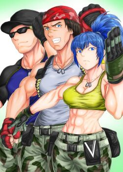 1girl 2boys blue_eyes blue_hair breasts clark_still earrings female_focus gloves jewelry leather leona_heidern long_hair looking_at_viewer medium_breasts military multiple_boys muscular muscular_female pale_skin ponytail ralf_jones shirt standing tank_top the_king_of_fighters thighs tight_clothes tight_shirt toned toned_female vvv_slider wide_hips