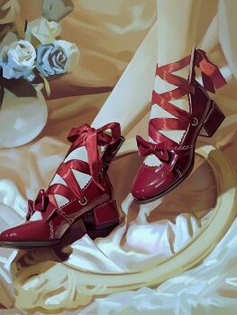 1girl ankle_lace-up art_study bed_sheet commentary feet flower foot_focus footwear_focus highres jeseni original pantyhose plant potted_plant realistic red_ribbon red_shoes ribbon rose shoes solo white_pantyhose