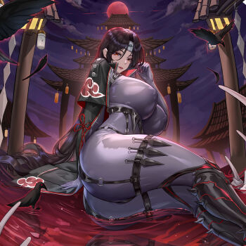 1girl absurdres akatsuki_uniform architecture ass bird black_bird black_boots black_coat black_hair blood bodysuit bone boots breasts cloud cloud_print coat commentary_request east_asian_architecture feet_out_of_frame forehead_protector genderswap genderswap_(mtf) grey_bodysuit hair_between_eyes hand_up headband highres huge_breasts impossible_bodysuit impossible_clothes konohagakure_symbol kunai lipstick long_hair looking_at_viewer makeup mangekyou_sharingan moon naruto_(series) night o-ring parted_lips red_eyes red_lips red_moon sharingan sin_guiyi sitting sky thigh_strap uchiha_itachi very_long_hair weapon