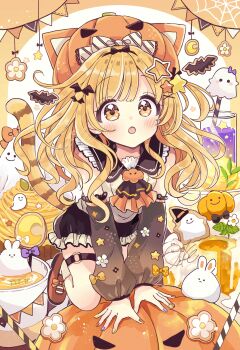 1girl :o absurdres animal animal_ears black_skirt blonde_hair blush brown_background brown_nails brown_shoes cat_ears cat_tail collared_shirt commentary_request cup drink drinking_glass drinking_straw fang flower frilled_shirt_collar frilled_skirt frills hair_ornament happy_halloween highres jack-o&#039;-lantern long_sleeves looking_at_viewer multicolored_nails nail_polish o-ring open_mouth orange_eyes orange_nails original puffy_long_sleeves puffy_sleeves pumpkin_hat purple_nails rabbit sakura_oriko shirt shoes skirt sleeveless sleeveless_shirt socks solo star_(symbol) star_hair_ornament striped_tail tail thigh_strap two-tone_background white_background white_flower white_shirt white_socks x_hair_ornament yellow_nails