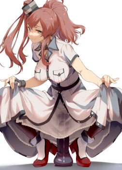 1girl belt breast_pocket breasts brown_hair commentary dildo dress full_body grey_eyes high_heels high_side_ponytail impossible_clothes kantai_collection large_breasts long_hair looking_at_viewer pocket ponytail red_shoes saratoga_(kancolle) see-through_clothes sex_toy shoes short_sleeves side_ponytail sidelocks simple_background skirt_hold smile smokestack_hair_ornament solo squatting takemura_sessyu tiptoes white_background white_dress
