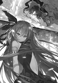 1boy 1girl arm_behind_back armlet barefoot blizzard bow breasts buta_koushaku clenched_hand clenched_teeth closed_mouth clothing_cutout dress floating floating_hair full_body greyscale hair_between_eyes hair_bow hair_ribbon half-closed_eyes highres jewelry long_hair long_sleeves lying messy_hair monochrome multiple_views nanatrij_(buta_koushaku) nauribon navel neck_ribbon non-web_source novel_illustration official_art on_stomach one_eye_closed ribbon robe school_uniform shirt short_dress short_hair sidelocks sleeveless sleeveless_dress slow_denning small_breasts smile snow snowing soles stomach_cutout teeth thick_eyebrows tsurime upper_body v-shaped_eyebrows very_long_hair very_short_hair wind wind_lift