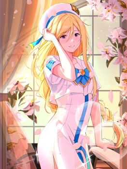 1girl alicia_florence andanden aria_(manga) aria_company_uniform beret blonde_hair blue_bow blue_bowtie blue_ribbon blush bow bowtie braid braided_ponytail cowboy_shot curtains dress eyelashes falling_petals flower gold_trim hair_between_eyes hat hat_ribbon highres impossible_clothes impossible_dress indoors lens_flare long_hair looking_at_viewer petals pink_flower purple_eyes ribbon sailor_collar short_sleeves side_slit smile solo sparkle very_long_hair white_dress white_hat window
