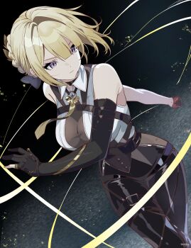 1girl absurdres asymmetrical_gloves bare_shoulders bilingual_commentary black_gloves black_pants blonde_hair breasts closed_mouth commentary cowboy_shot double-parted_bangs dutch_angle elbow_gloves english_commentary evelyn_chevalier gloves hair_between_eyes high-waist_pants highres kurimako large_breasts mixed-language_commentary necktie pants purple_eyes serious shirt short_hair single_elbow_glove sleeveless sleeveless_shirt solo thigh_gap tight_clothes tight_pants white_shirt yellow_necktie zenless_zone_zero