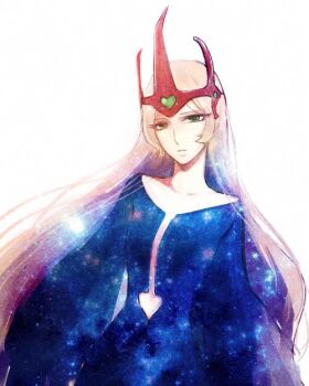 1girl blonde_hair breasts commentary_request dress expressionless green_eyes hachiya_nanao headgear lips long_dress long_hair medium_breasts shin_taketori_monogatari_sennen_joou solo upper_body very_long_hair yukino_yayoi