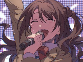 1girl arm_up blazer bow bowtie brown_hair brown_jacket close-up closed_eyes commentary hand_up happy_tears highres holding holding_microphone idol idolmaster idolmaster_cinderella_girls jacket light_blush long_hair long_sleeves microphone music niyororinpayamaru open_mouth red_bow red_bowtie s(mile)ing!_(idolmaster) school_uniform shimamura_uzuki shirt side_ponytail singing smile solo sweat tears teeth upper_teeth_only white_shirt wing_collar