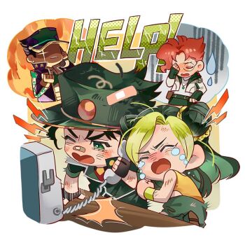 1girl 3boys alternate_universe bandaid bandaid_on_face bandaid_on_nose baseball_cap black_gloves black_hair boots braid chain chibi chibi_only clamp_in_wonderland closed_eyes coat commentary cone_hair_bun corded_phone crying double_bun earrings english_commentary explosion explosion_background father_and_daughter father_and_son fingerless_gloves gakuran gk_greenkumquat gloves green_eyes green_gloves green_hair green_hat hair_bun hat help_(phrase) high_heel_boots high_heels holding holding_phone jacket jewelry jojo_no_kimyou_na_bouken kakyoin_noriaki kujo_jota kuujou_jolyne kuujou_joutarou long_coat multicolored_hair multiple_boys official_alternate_costume one_eye_closed open_mouth orange_tank_top peaked_cap phone purple_coat purple_hat red_hair round_eyewear school_uniform star_(symbol) star_print stardust_crusaders stone_ocean streaming_tears talking_on_phone tank_top tears two-tone_hair white_jacket