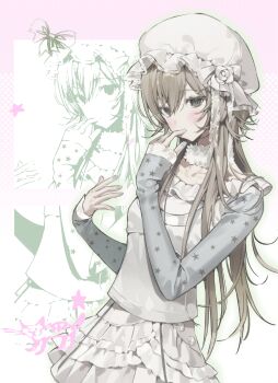 1girl absurdres blue_nails blush brown_hair cat choker eyelashes finger_to_mouth fingernails frilled_hat frilled_shirt frilled_skirt frills fur_choker grey_eyes grey_sleeves hair_between_eyes hand_up hat hat_ribbon highres lace-trimmed_sleeves lace_trim long_hair long_sleeves looking_at_viewer mob_cap nyzziz original pink_background ribbon shirt skirt solo star_(symbol) star_print upper_body white_background white_hat white_ribbon white_shirt white_skirt zoom_layer