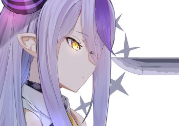 2girls absurdres demon_girl demon_horns futoshi_tanaka highres hololive holox horns katana kazama_iroha la+_darknesss la+_darknesss_(1st_costume) long_hair looking_at_another multicolored_hair multiple_girls pointy_ears purple_hair simple_background sword tail virtual_youtuber weapon yellow_eyes