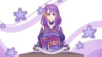 1girl absurdres alternate_costume blunt_bangs bow bridal_gauntlets chinese_commentary closed_mouth expressionless floral_background genshin_impact gradient_hair hair_ornament highres holding holding_scroll japanese_clothes kimono long_hair looking_at_viewer mole mole_under_eye multicolored_hair neck_ribbon official_alternate_costume purple_eyes purple_hair purple_kimono purple_ribbon raiden_shogun red_sash ribbon sash scroll sleeves_rolled_up solo table upper_body white_background yeyu670712