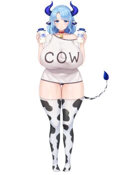 1girl absurdres animal_collar animal_ears animal_print asymmetrical_sidelocks bell blue_eyes blue_hair blue_horns blue_pupils blush bottle breasts bright_pupils closed_mouth clothes_writing collar collarbone cow_ears cow_girl cow_print cow_print_panties cow_print_thighhighs cow_tail cowbell cream_cod dot_nose full_body highres holding holding_bottle horn_ornament horns huge_breasts indie_virtual_youtuber lips looking_at_viewer miilkywayz milk mole mole_under_eye mole_under_mouth official_art parted_bangs print_thighhighs shirt short_sleeves sidelocks single_off_shoulder solo standing star-shaped_pupils star_(symbol) straight-on symbol-shaped_pupils tachi-e tail tareme taut_clothes taut_shirt thigh_gap thighhighs transparent_background virtual_youtuber white_background white_shirt wide_hips