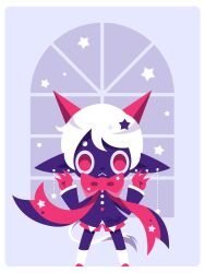 Rule 34 | 1girl, :&lt;, arms up, black jacket, border, bow, colored skin, earrings, flat color, full body, highres, horns, hotate oishii, jacket, jewelry, looking at viewer, original, pointy ears, purple skin, red bow, red eyes, red horns, red shorts, short hair, shorts, solo, star (symbol), white border, white hair, window