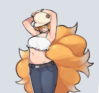 1girl alternate_costume armpits arms_up belt blonde_hair breasts brown_belt contemporary crop_top cropped_torso denim fox_tail grey_background hat highres jeans karu_184 looking_to_the_side medium_breasts multiple_tails pants short_hair simple_background smile solo stomach tail tank_top touhou white_tank_top yakumo_ran