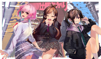 Rule 34 | #unicus (idolmaster), >:), 3girls, 46493 (creempop), :3, :d, ^ ^, abstract background, ahoge, antenna hair, arms up, bad id, bad pixiv id, black hair, black jacket, black skirt, blush, bob cut, bow, bowtie, breasts, brown hair, brown skirt, buttons, character name, clenched hands, closed eyes, collared shirt, commentary request, copyright name, cowboy shot, diagonal-striped bow, diagonal-striped clothes, diagonal-striped necktie, diagonal-striped neckwear, earrings, excited, fang, green neckwear, grey skirt, grin, hair ornament, hairclip, hood, hood down, hooded jacket, idolmaster, idolmaster cinderella girls, jacket, jewelry, large breasts, long hair, long sleeves, mask, mole, mole under eye, mouth mask, multicolored hair, multiple girls, nail polish, necktie, open mouth, own hands together, pill earrings, pink eyes, pink hair, pink nails, pink neckwear, plaid clothes, plaid skirt, pleated skirt, red bow, red eyes, red neckwear, ring, sharp teeth, shirt, short hair, sidelocks, skirt, sleeve rolled up, smile, socks, striped bow, striped bowtie, striped clothes, striped neckwear, sunazuka akira, surgical mask, teeth, tsujino akari, twintails, two-tone hair, unworn mask, v-shaped eyebrows, very long hair, w arms, white legwear, white shirt, yumemi riamu