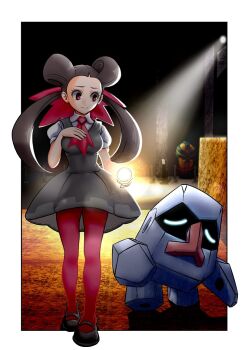 1girl black_shoes breasts brown_hair cofagrigus commentary_request dress gen_3_pokemon gen_5_pokemon glowing grey_dress hair_pulled_back hair_ribbon hand_up indoors long_hair mary_janes medium_breasts nabe_puyo nintendo nosepass pantyhose pink_pantyhose pokemon pokemon_(creature) red_eyes ribbon roxanne_(pokemon) shoes short_sleeves smile twintails