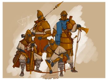 2026 4others armor arrow_(projectile) artist_name axe battle_axe black_skin blue_scarf border bow_(weapon) bronze_armor colored_skin commentary dagger english_commentary gauthier_arts helmet highres holding holding_axe holding_polearm holding_shield holding_sword holding_weapon knife looking_at_viewer multiple_others no_pupils on_one_knee over_shoulder polearm quiver scale_armor scarf shield sitting spear sword tunic vambraces vintage_story weapon weapon_over_shoulder white_border white_eyes white_tunic