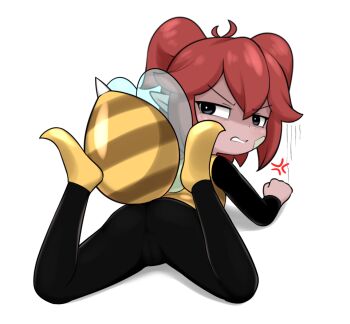 1girl anger_vein angry ass bandaid bandaid_on_cheek bandaid_on_face bee_costume beebz_(demon_turf) black_bodysuit blue_eyes bodysuit cameltoe demon_turf fake_wings feet_up female_focus freckles from_behind hair_between_eyes half-closed_eyes highres insect_wings loli long_sleeves looking_back lying on_stomach parted_lips pointy_ears red_hair shadow shino_(shinokani) simple_background solo spread_legs stinger twintails v-shaped_eyebrows white_background wings yellow_footwear