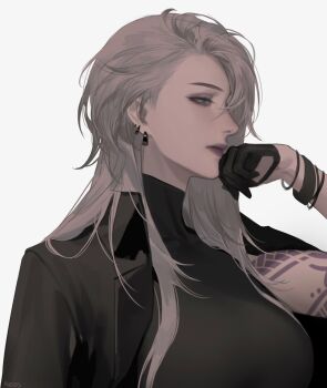 1girl alternate_hairstyle arm_tattoo black_jacket highres jacket long_hair path_to_nowhere purple_lips reos_pn solo solo_focus tattoo zoya_(path_to_nowhere)