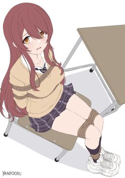 1girl arms_behind_back artist_name bdsm black_socks bondage bound bound_ankles bound_arms bound_legs breasts brown_hair brown_sweater chair desk from_above full_body grey_skirt highres idolmaster idolmaster_shiny_colors long_hair long_sleeves looking_at_viewer miniskirt on_chair osaki_tenka plaid_clothes plaid_skirt rope school_chair school_desk shoes sitting skirt sneakers socks solo sweater wavy_mouth white_shoes yanpooru yellow_eyes
