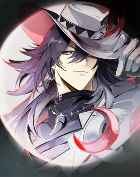 Rule 34 | 1boy, adjusting clothes, adjusting headwear, ashveil (honkai: star rail), badge, bright pupils, commentary request, crescent, earrings, fedora, gloves, gradient hair, hair between eyes, hat, hat ornament, highres, honkai: star rail, honkai (series), hush (xoxo hush), jacket, jewelry, korean commentary, light smile, long hair, male focus, multicolored hair, necklace, one eye closed, single earring, strap, turtleneck