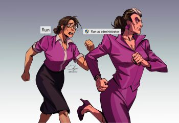 2girls administrator_(tf2) artist_name black_hair black_skirt brown_hair cabbage_(ncalabby) clenched_hands commentary english_commentary english_text exhausted formal_clothes glasses gradient_background grey_background high_heels highres long_skirt long_sleeves microsoft_windows miss_pauling multiple_girls purple_suit running signature simple_background skirt sleeves_rolled_up suit sweat team_fortress_2 twitter_username white_streaks wing_collar
