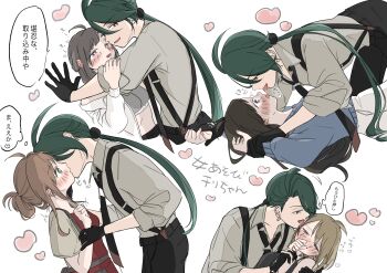 5girls absurdres black_hair blush bright_pupils brown_eyes brown_hair chili_chan_yade ear_licking gloves green_hair heart highres kiss licking long_hair multiple_girls nintendo open_clothes open_shirt pokemon pokemon_sv ponytail red_eyes rika_(pokemon) saliva sports_bra suspenders translated white_background white_pupils yukadon yuri