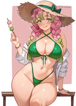 1girl :q absurdres arm_support bare_shoulders bead_bracelet beads bikini blush border bow bracelet breasts brown_hat dango food front-tie_bikini_top front-tie_top gradient_hair green_bikini green_bow green_eyes green_hair groin halterneck hat hat_bow highres holding holding_food jewelry kanroji_mitsuri kimetsu_no_yaiba large_breasts long_hair looking_at_viewer mole mole_under_each_eye mole_under_eye multicolored_hair multiple_moles navel off_shoulder open_clothes open_shirt outside_border pink_background pink_hair reus_(cetta) shirt simple_background sitting skindentation solo stomach straw_hat swimsuit thick_thighs thighs tongue tongue_out tri_braids wagashi watermark web_address white_border white_shirt