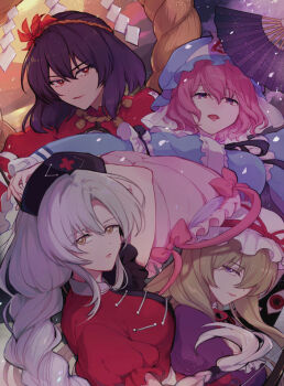 4girls blonde_hair breasts cross cross_print hand_fan hat holding holding_fan long_hair looking_at_viewer mob_cap multiple_girls pink_eyes pink_hair print_hat purple_eyes purple_hair red_eyes saigyouji_yuyuko short_hair smile touhou white_hair yagokoro_eirin yakumo_yukari yasaka_kanako zo_ochi2