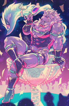 1boy banknote bara bathym_(housamo) belt black_boots black_gloves black_male_underwear blue_eyes boots bow bowtie commentary_request copyright_request cup earrings fingerless_gloves fox_tail furry furry_male gloves highres holding holding_cup horns jacket jewelry male_focus male_underwear money multiple_belts paper pink_male_underwear signature smile tail tokyo_houkago_summoners underwear zinpati