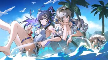 4girls absurdres alternate_costume bikini black_bikini black_hat blue_eyes blue_hair breasts bronya_rand commentary crossed_bangs cup earrings english_commentary eyewear_on_head grey_eyes hair_between_eyes hat highres holding holding_cup honkai:_star_rail honkai_(series) innertube jade_(honkai:_star_rail) jewelry long_hair mie_xing multiple_girls numby_(honkai:_star_rail) on_innertube one-piece_swimsuit palm_tree seele_(honkai:_star_rail) smile sunglasses swim_ring swimsuit thigh_strap topaz_(honkai:_star_rail) tree trotter_(honkai:_star_rail) umbrella water white_bikini white_one-piece_swimsuit