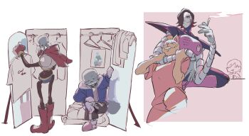 4boys absurdres android black_hair blue_jacket boots burgerpants cape closed_eyes clothes_hanger frisk_(undertale) gloves grin highres jacket male_focus mettaton mettaton_ex multiple_boys papyrus_(undertale) red_boots red_cape red_gloves removing_sock sans_(undertale) shirt short_hair smile standing strangling sweat t-shirt udohepu undertale unworn_shirt utdr_(toby_fox) wardrobe