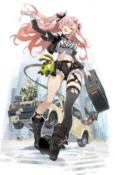 1boy 2others 3girls amillion_(zenless_zone_zero) anby_demara animal_ear_fluff animal_ears backpack bag bangboo_(zenless_zone_zero) bare_shoulders billy_kid black_boots black_hair black_ribbon black_shorts black_thighhighs boots braid braided_sidelocks breasts building burger cable cable_tail car cat_ears cat_girl cat_tail clothed_robot clothing_cutout corset crop_top cutoffs driving earrings eating eous_(zenless_zone_zero) facial_mark food forehead_mark forehead_tattoo from_side green_eyes green_jacket green_sleeves grey_hair hair_ornament hairband hairclip headphones heart heart_earrings heart_necklace highres holding holding_burger holding_food holding_suitcase humanoid_robot jacket jewelry long_hair looking_at_viewer mechanical_tail micro_shorts midriff mole mole_on_breast mole_on_thigh mole_under_eye motor_vehicle multicolored_sleeves multiple_girls multiple_others multiple_tails navel necklace nekomiya_mana nicole_demara niihatigounana one_eye_closed open_mouth orange_eyes outdoors pink_hair red_corset red_hairband red_jacket red_sleeves ribbon robot robot_boy short_hair shorts shoulder_cutout single_thighhigh sitting skyscraper sleeveless sleeveless_jacket spiked_hair stomach strapless stuffed_toy suitcase tail tattoo thighhighs torn_clothes torn_thighhighs triangle triangle_facial_mark tube_top twintails two_side_up two_tails white_hair white_tube_top zenless_zone_zero