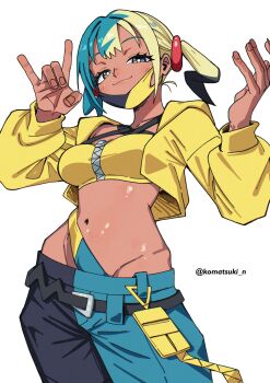 1girl absurdres belt black_pants blonde_hair blue_hair blush breasts canari_(pokemon) dark-skinned_female dark_skin groin highres jacket komatsuki_n long_sleeves looking_at_viewer mask medium_breasts midriff mouth_mask multicolored_hair navel nintendo pants pokemon pokemon_legends:_z-a simple_background smile solo twintails twitter_username two-tone_hair white_background yellow_jacket