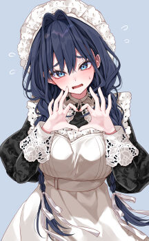 1girl absurdres apron black_dress blue_eyes blue_hair braid breasts commentary_request dress embroidered_dress fanged_bangs flying_sweatdrops four-finger_heart_hands frilled_apron frilled_hat frills hair_between_eyes hair_intakes hair_over_shoulder hands_up hat heart heart_hands highres hololive hololive_english juliet_sleeves large_breasts long_hair long_sleeves looking_at_viewer low_twin_braids maid maid_apron mob_cap mogu_(au1127) official_alternate_costume official_alternate_hairstyle open_mouth ouro_kronii ouro_kronii_(maid) puffy_sleeves puritan_collar simple_background solo twin_braids victorian_maid virtual_youtuber wavy_mouth white_apron white_hat