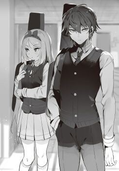 1boy 1girl bag blurry blurry_background bow bowtie breasts ceiling closed_mouth collared_shirt cowboy_shot expressionless greyscale haguro_jun hair_between_eyes hair_bow hand_in_pocket highres holding holding_bag indoors itan_na_karera_no_kimitsu_kyoshitsu long_hair long_sleeves miniskirt monochrome nauribon necktie non-web_source novel_illustration official_art pants parted_bangs pillar pleated_skirt sakuragahira_aoba school_uniform shirt short_hair sidelocks skirt small_breasts socks standing tsurime vest