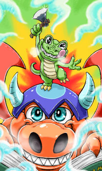 Rule 34 | 2boys, aqua eyes, axe, battle axe, black eyes, book, clawed feet, claws, colored skin, commentary, dragon boy, dragon horns, dragon wings, duel monster, eggshell, eggshell hat, green skin, grin, highres, holding, holding axe, horns, koyukiyasu, lizardman, looking at viewer, manga ryu ran, multiple boys, no humans, nostrils, one eye closed, open book, orange skin, sharp teeth, size difference, smile, sparkle, standing, standing on another's head, standing on one leg, steam from nose, tail, teeth, toon alligator, toon world, weapon, wings, yu-gi-oh!