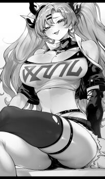 1girl absurdres breasts cleavage crossed_legs earrings greyscale hair_ribbon heart heart_earrings highres jewelry large_breasts letterboxed long_hair looking_at_viewer midriff mole mole_on_breast monochrome navel nicole_demara niwarhythm open_mouth ribbon single_thighhigh sitting smile solo thighhighs two_side_up zenless_zone_zero