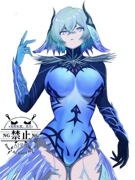 1girl blue_dress blue_eyes blue_hair breasts commentary_request covered_navel dress fimbulvetr_(fire_emblem) fire_emblem fire_emblem_heroes frown hair_between_eyes hand_up highres large_breasts matchanosuke_fe nintendo short_hair solo thick_thighs thighs watermark white_background