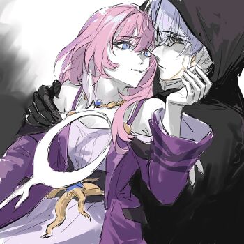 1boy 1girl bare_shoulders black_gloves black_hood breasts ceremonial_blade_(honkai:_star_rail) chinese_commentary coat commentary_request couple cracked_skin cyrene_(aedes_elysiae)_(honkai:_star_rail) cyrene_(honkai:_star_rail) dress flame_reaver_of_the_deepest_dark gloves gold_blood hetero highres honkai:_star_rail honkai_(series) imminent_kiss jewelry multicolored_hair necklace phainon_(honkai:_star_rail) pink_hair purple_coat short_hair small_breasts two-tone_hair white_dress white_hair xi48996037 yellow_eyes