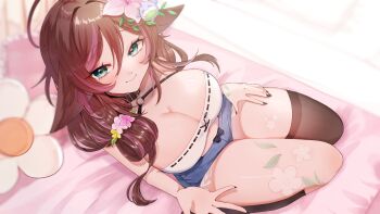 1girl absurdres black_bow black_nails blue_eyes blue_shorts bow breasts brown_hair cleavage closed_mouth flower hair_between_eyes hair_flower hair_ornament hand_on_own_thigh highres indie_virtual_youtuber inu_to_tanpopo long_hair multicolored_hair parsley_(sugi_aoki) pink_flower pink_hair second-party_source short_hair shorts single_thighhigh smile streaked_hair sugi_aoki thighhighs virtual_youtuber white_flower yellow_flower