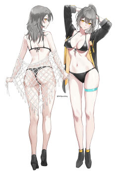1girl absurdres arms_behind_head arms_up ass back bare_legs bare_shoulders bikini black_bikini black_jacket black_shoes breasts cleavage closed_mouth collarbone duplicate expressionless from_behind front-tie_bikini_top front-tie_top full_body grey_hair halterneck hibiwa high_heels highres honkai:_star_rail honkai_(series) jacket long_hair long_sleeves looking_at_viewer looking_back median_furrow medium_breasts multiple_views navel open_clothes open_jacket pixel-perfect_duplicate ponytail shoes simple_background skindentation standing star_rail_special_pass_(honkai:_star_rail) stelle_(honkai:_star_rail) stomach string_bikini swimsuit thigh_strap thighs trailblazer_(honkai:_star_rail) white_background yellow_eyes