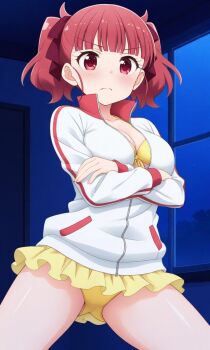 1girl cheering cheerleader jacket red_eyes red_hair red_jacket skirt twintails yellow_skirt