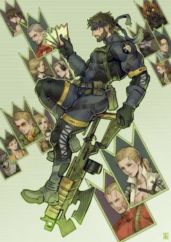 absolum_art absurdres beard big_boss blonde_hair bodysuit boots brown_hair card chico_(metal_gear) diamond_dog dog eli_(metal_gear) eva_(metal_gear) eyepatch facial_hair glasses grey_hair gun headband highres huey_(metal_gear) kazuhira_miller kingdom_hearts kingdom_hearts:_chain_of_memories large_pectorals looking_at_viewer major_zero male_focus metal_gear_(series) metal_gear_solid:_peace_walker metal_gear_solid_3:_snake_eater metal_gear_solid_v:_ground_zeroes metal_gear_solid_v:_the_phantom_pain parody paz_ortega_andrade pectorals quiet_(metal_gear) revolver_ocelot scarf sunglasses the_boss thighs tretji_rebenok weapon yevgeny_borisovitch_volgin