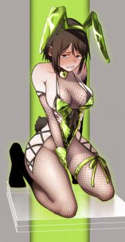 1girl animal_ear_hairband animal_ears between_legs bikini bikini_under_clothes blush breasts commentary_request fake_animal_ears fake_tail fishnet_leotard fishnet_pantyhose fishnets full_body green_hairband green_leotard hairband hand_between_legs highres imozonokan kneeling large_breasts leotard lock micro_bikini mole mole_on_breast nontraditional_playboy_bunny original pantyhose rabbit_ears rabbit_tail see-through_cleavage see-through_clothes short_hair side_slit sideboob solo sweatdrop swimsuit tail wavy_mouth