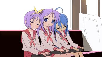 3girls =_= ahoge bag black_bow blue_eyes blue_hair blush bow closed_eyes hair_bow handbag highres hiiragi_kagami hiiragi_tsukasa izumi_konata long_hair looking_at_another lucky_star mole mole_under_eye multiple_girls neckerchief pink_neckerchief pleated_skirt purple_hair red_neckerchief red_skirt ribbon ryouou_school_uniform rytoua318 school_uniform shadow short_hair siblings sitting sketch_background skirt sleeping smile subway sunlight train_interior twins twintails yellow_ribbon