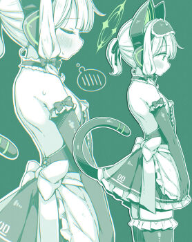 1girl alternate_costume animal_ear_headphones animal_ears back bare_shoulders blue_archive blush breasts cat_ear_headphones cat_ears cat_tail dress elbow_gloves enmaided fake_animal_ears fake_tail frilled_dress frilled_thighhighs frills from_side garter_straps gloves green_background green_halo green_theme halo headphones highres low-tied_sidelocks maid microdress midori_(blue_archive) monochrome pleated_dress ponytail short_hair sidelocks simple_background sleeveless sleeveless_dress small_breasts tail takahero thighhighs